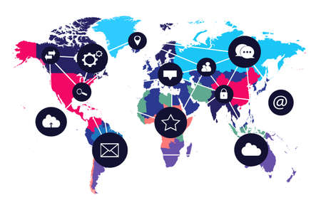 World map Info graphic, colorful borders with social media network  backgroundのイラスト素材