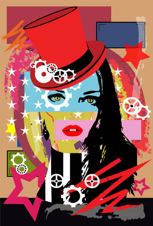 Steam punk girl with cylinder hat and red lips. Pop art background.のイラスト素材