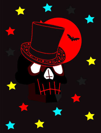 Halloween skull with cylinder hat, moonlight and stars, flat design.のイラスト素材