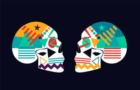 Colorful geometric skulls with stars, stripes and zig-zag. Side view. Dark blue background, vector.のイラスト素材