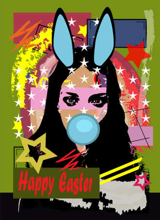 Sexy girl with bunny ears and chewing gum. Happy Easter post cardのイラスト素材