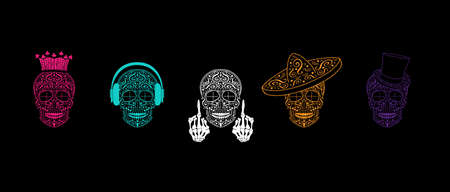 Set of different skull characters with different modern style king, Mexican, music and middle finger up,  on dark background.のイラスト素材