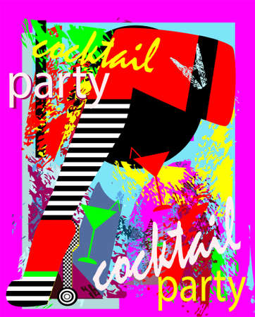 Cocktail party poster background with sexy women leg in high heels and martini cocktail glasses, pop art pink neon vector.のイラスト素材
