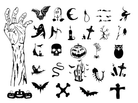 Halloween bundle with skull, pumpkins, grave stone, owl, bats, gallows and horror hand illustration isolated on the white background.のイラスト素材