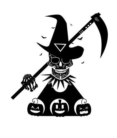 Halloween skull with witch hat and pumpkins.のイラスト素材