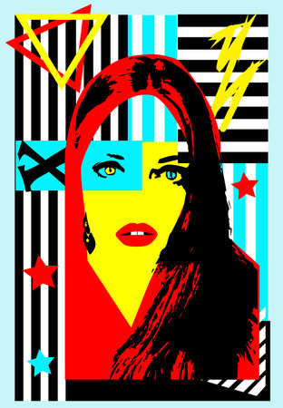 Beautiful woman's head portrait with red lips, looking at camera. Black silhouette of a Arabian woman with beautiful eyes.のイラスト素材