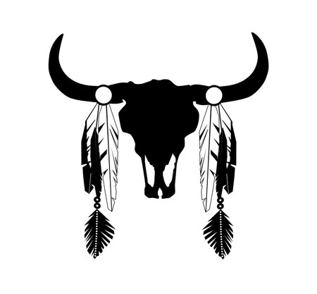 Cow head silhouette with feathers, Native American illustration isolatedのイラスト素材