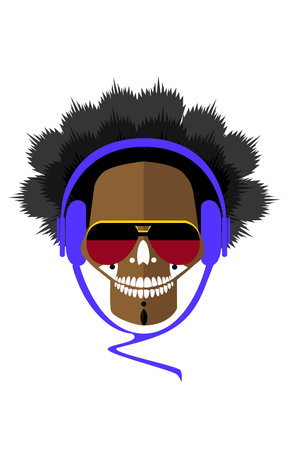 DJ skull icon with Afro hair, headphones and red sunglasses isolated on the white backgroundのイラスト素材