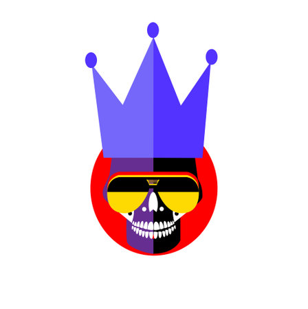 King skull graffiti flat style with purple crown and yellow sunglasses, vector illustrationのイラスト素材
