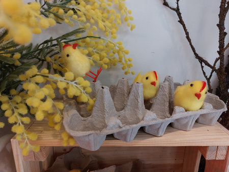 Easter photo with chickens and yellow flowers. Cute holiday background.の写真素材