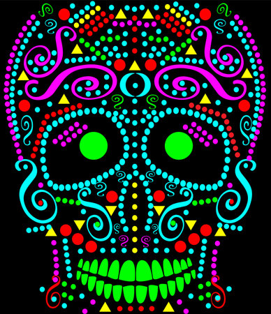 Sugar skull with neon colorful dots. Day of the Dead and Halloween background.のイラスト素材