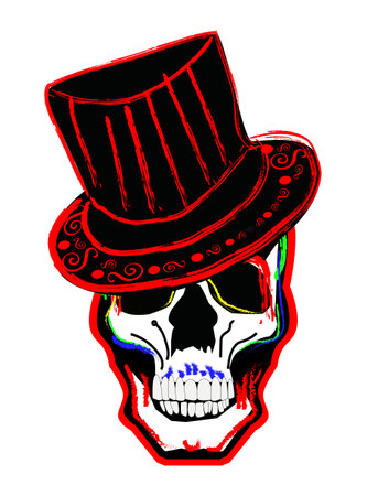 Happy Halloween Skull vector black, white and red with cylinder hat. Digital artのイラスト素材