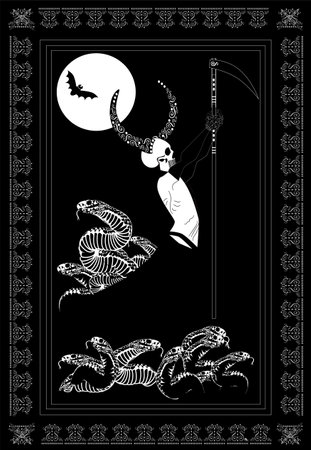 Death and Snakes. A skeletal figure with horns and a scythe stands against a black background, surrounded by a swirling mass of snakes. The figure is depicted in a dramatic pose, wのイラスト素材