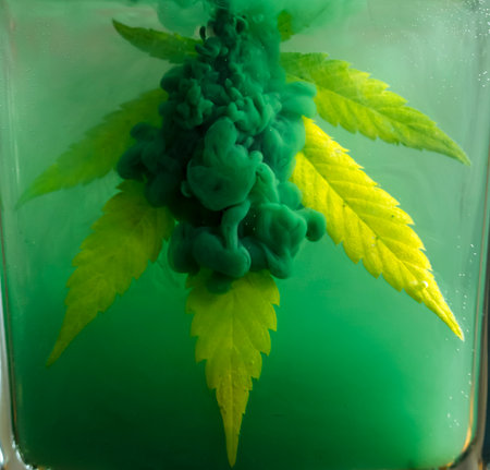 A yellow cannabis leaf surrounded by green paintの写真素材