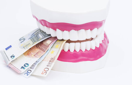 A tooth model with euro notes isolated on white backgroundの写真素材