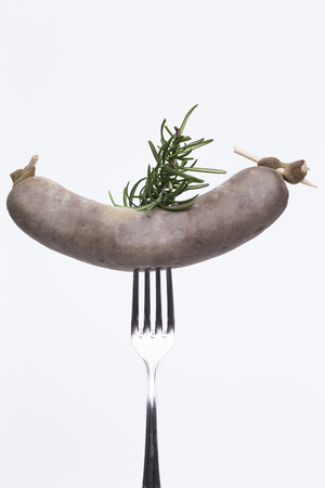 Image shows a fork with a smoked sausage isolated on white backgroundの写真素材