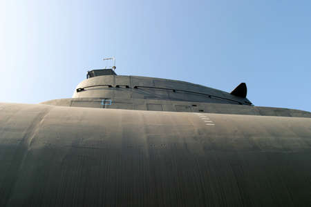 Side view of an old submarine in an open air museumの写真素材