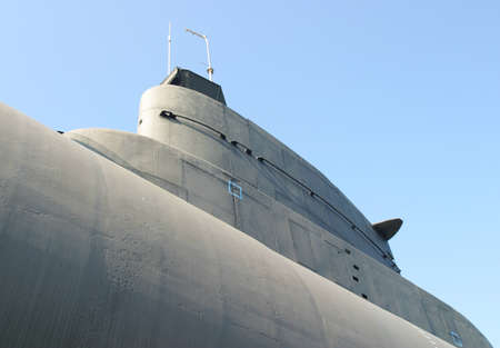 Perspective view of an old submarine in an outdoor museum