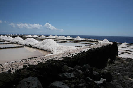 Canarian island saline with a blue sky and the ocean in the backgroundの写真素材