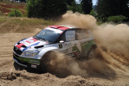 SIBIU, ROMANIA - JULY 20 2012: Andreas Mikkelsen/Ola Floene driving a Skoda Fabia S2000 at the IRC Sibiu Rally in 2012のeditorial素材