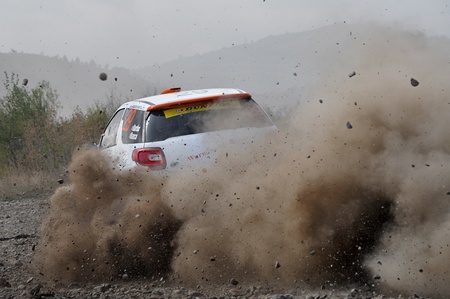 BRASOV, ROMANIA - SEPTEMBER 7 2012: Sebastian Barbu/Marc Banca in their Citroen DS3 at Rally Tara...