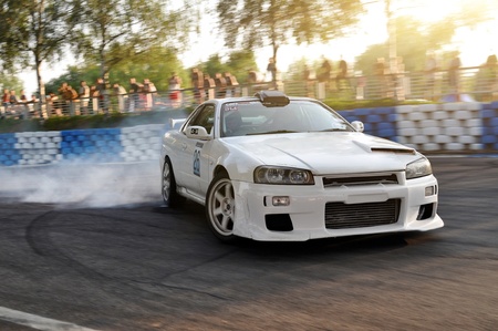 MARIAPOCS, HUNGARY - AUGUST 8 2012: Nissan Skyline R34 - Nagy Laszlo - Drift Festival Mariapocs 2012のeditorial素材