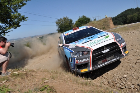 SIBIU, ROMANIA - JULY 20 2012: Porcisteanu Valentin/Dobre Dan - Mitsubishi Lancer Evo10 - IRC Rally Sibiu 2012のeditorial素材