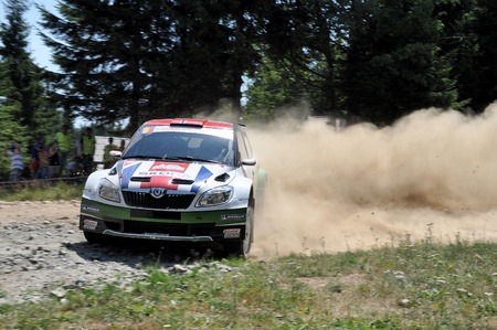 SIBIU, ROMANIA - JULY 20 2012: Mikkelsen Andreas/Floene Ola - Skoda Fabia S2000 - IRC Rally Sibiu 2012のeditorial素材