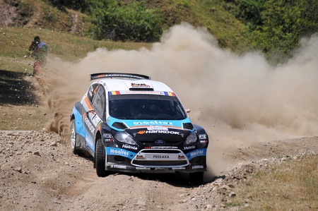 SIBIU, ROMANIA - JULY 20 2012: Flodin Patrick/Bergsten Goran - Ford Fiesta S2000 - IRC Rally Sibiu 2012のeditorial素材