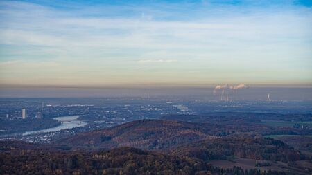 The industrial belt between Cologne and Bonn along the river Rhine, seen from the Oelberg.の写真素材