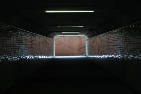 The exit of a pedestrian tunnel, an underpass, leads to a brick wall.の写真素材