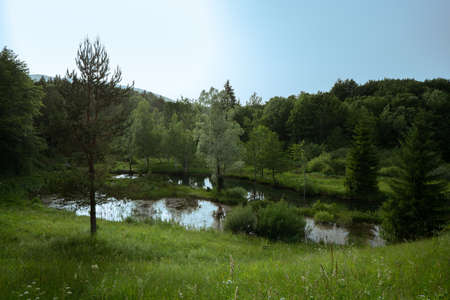 Pond located between hills in the evening.の写真素材