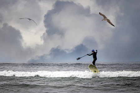 a stand up paddler surfing on an ocean wave