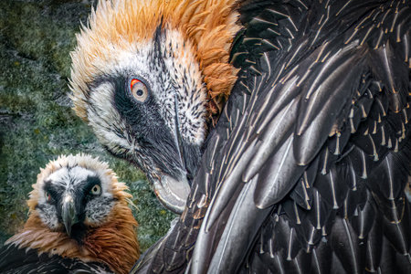 two bearded vultures before a rock wallの写真素材