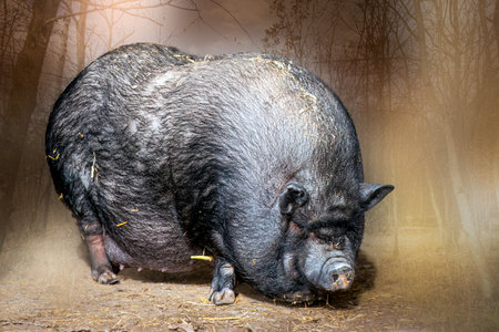 closeup of a pot bellied pig standing in the sunlightの写真素材
