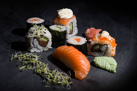Japanese sushi food. Maki ands rolls with tuna, salmon, shrimp, crab and avocado.の写真素材