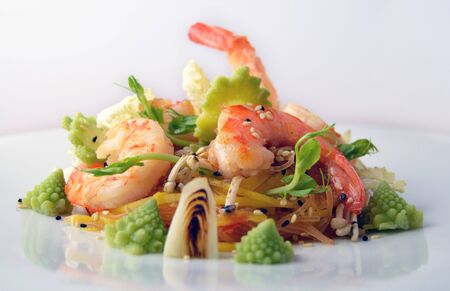 Shrimp salad with fresh mango noodles and vegetablesの写真素材