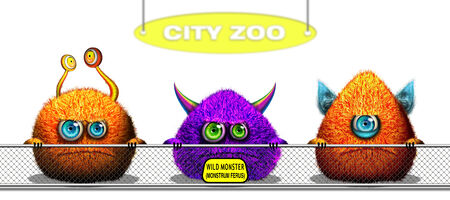 Cartoon funny monsters trapped behind Zoo fence