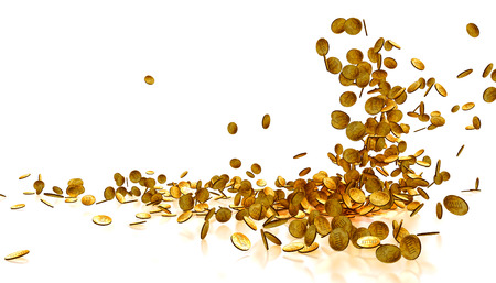 Falling Gold Coins Isolated on white backgroundの写真素材