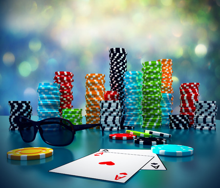 3d illustration of Poker Chips, sunglasses and cards on a gaming table.の写真素材