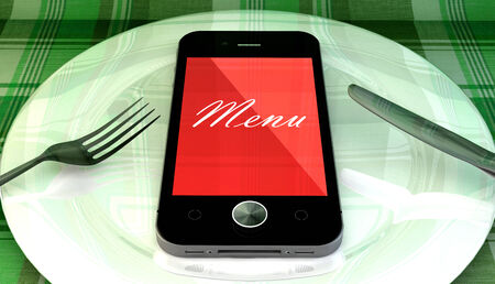 Mobile phone with menu text, on a plate with fork and knife, order online concept illustration...