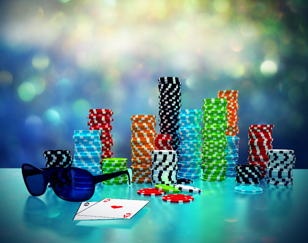 3d illustration of Poker Chips, sunglasses and cards on a gaming table.の写真素材