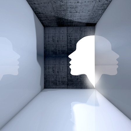 Power of thinking, spirituality and imagination, futuristic concept with shape of a human head opening in wall.の写真素材