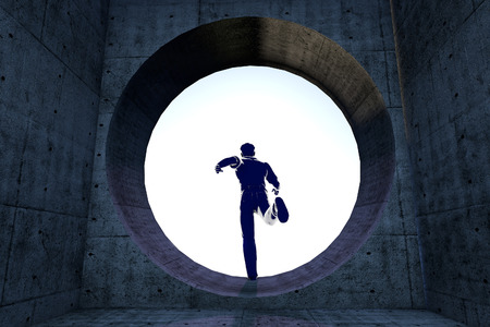 man running trough round window opening, futuristic conceptの写真素材