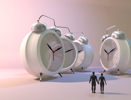 3d illustration of couple and alarm clocks, time passing conceptの写真素材