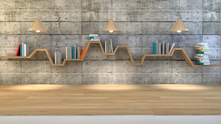 3d render of minimalist shelf over dramatic concrete background, modern art, minimalist design.の写真素材