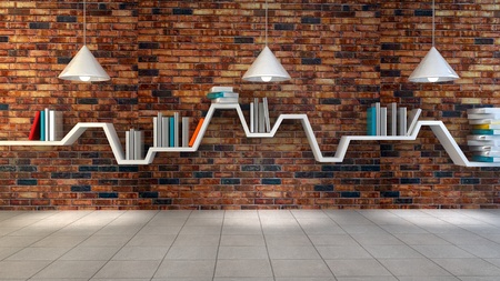 3d render of minimalist shelf over dramatic concrete background, modern art, minimalist design.の写真素材