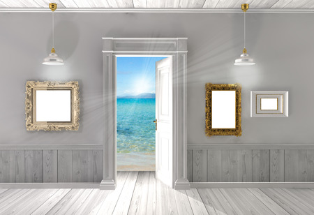 3d rendering the empty room with opened doorの写真素材