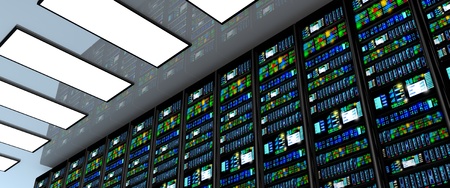 Modern network and telecommunication technology computer concept: server room in datacenter room...