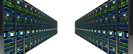 Modern network and telecommunication technology computer concept: server room in datacenter room equipped with data servers. LED lights flashing. 3D renderの写真素材